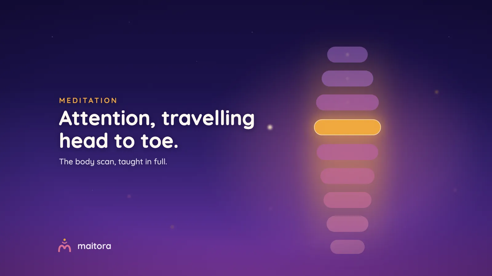 A tall column of softly stacked bands of dusk colour, one band lit warm saffron as if attention is passing through it. Text: Attention, travelling head to toe. The body scan, taught in full.