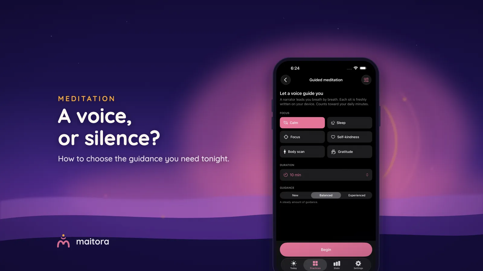 Maitora’s guided meditation setup screen with soft sound-wave arcs beside it. Text: A voice, or silence? How to choose the guidance you need tonight.