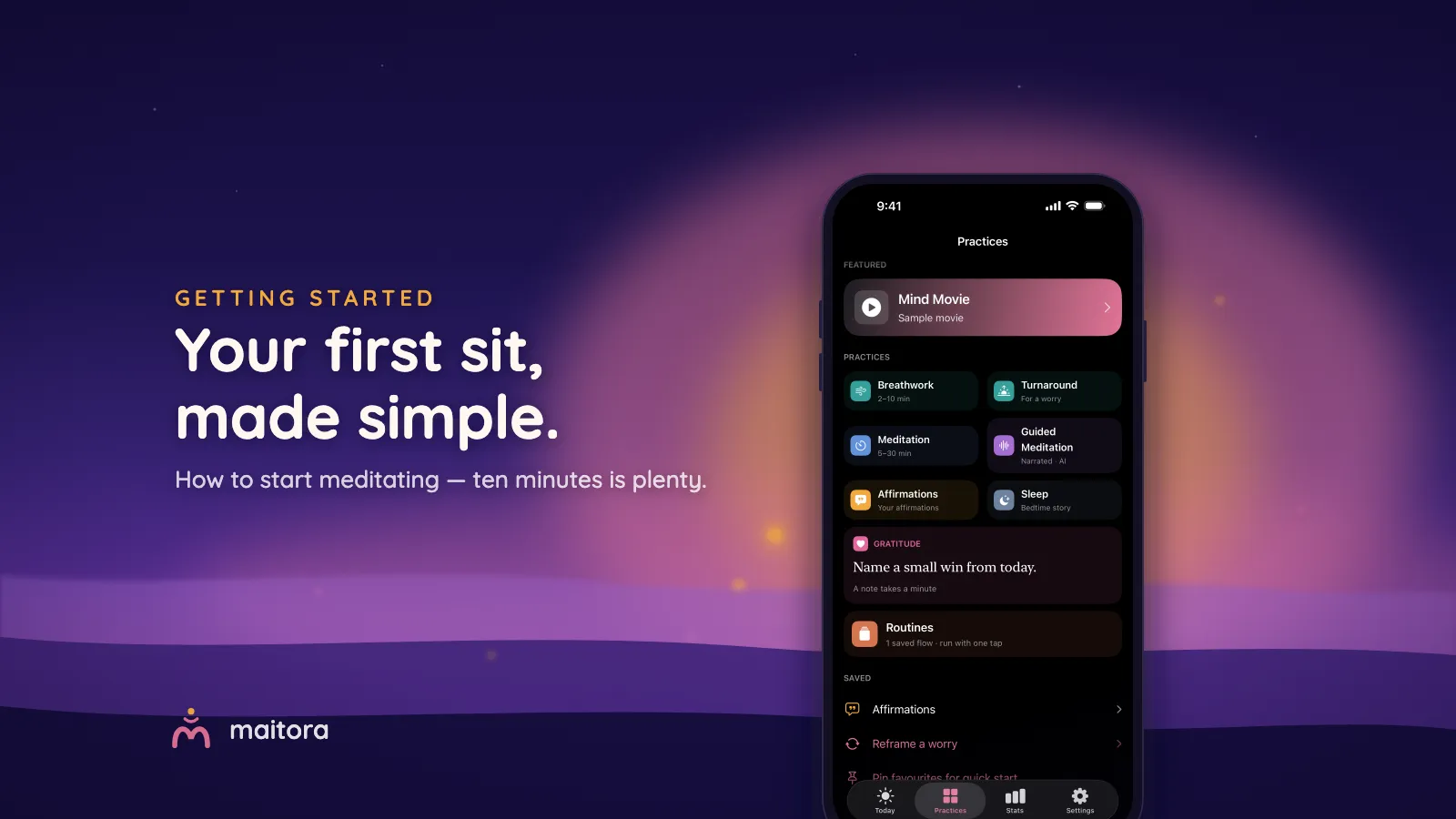 Maitora’s practice library on an iPhone, with a path of small lights leading to it. Text: Your first sit, made simple. Ten minutes is plenty.