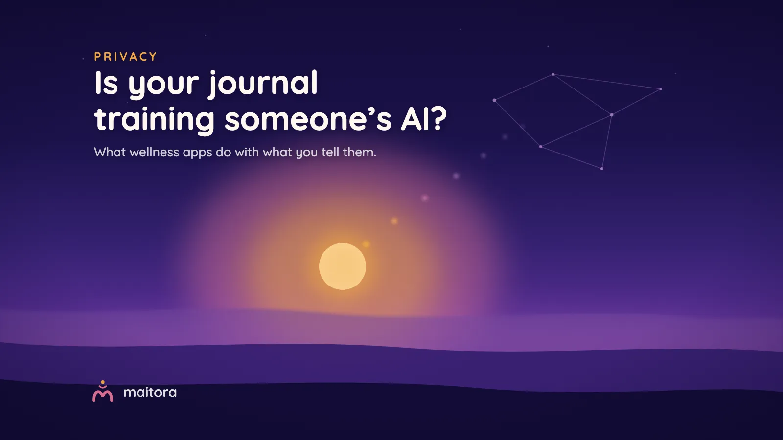 A warm low sun with a trail of dots drifting toward a cold constellation mesh. Text: Is your journal training someone’s AI?