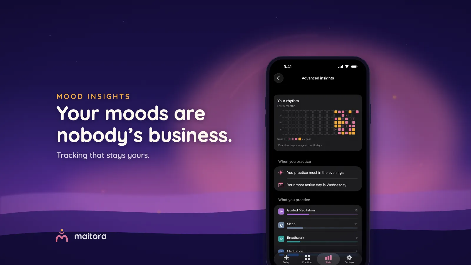 Maitora’s mood insights heatmap on an iPhone in a dusk landscape. Text: Your moods are nobody’s business. Tracking that stays yours.