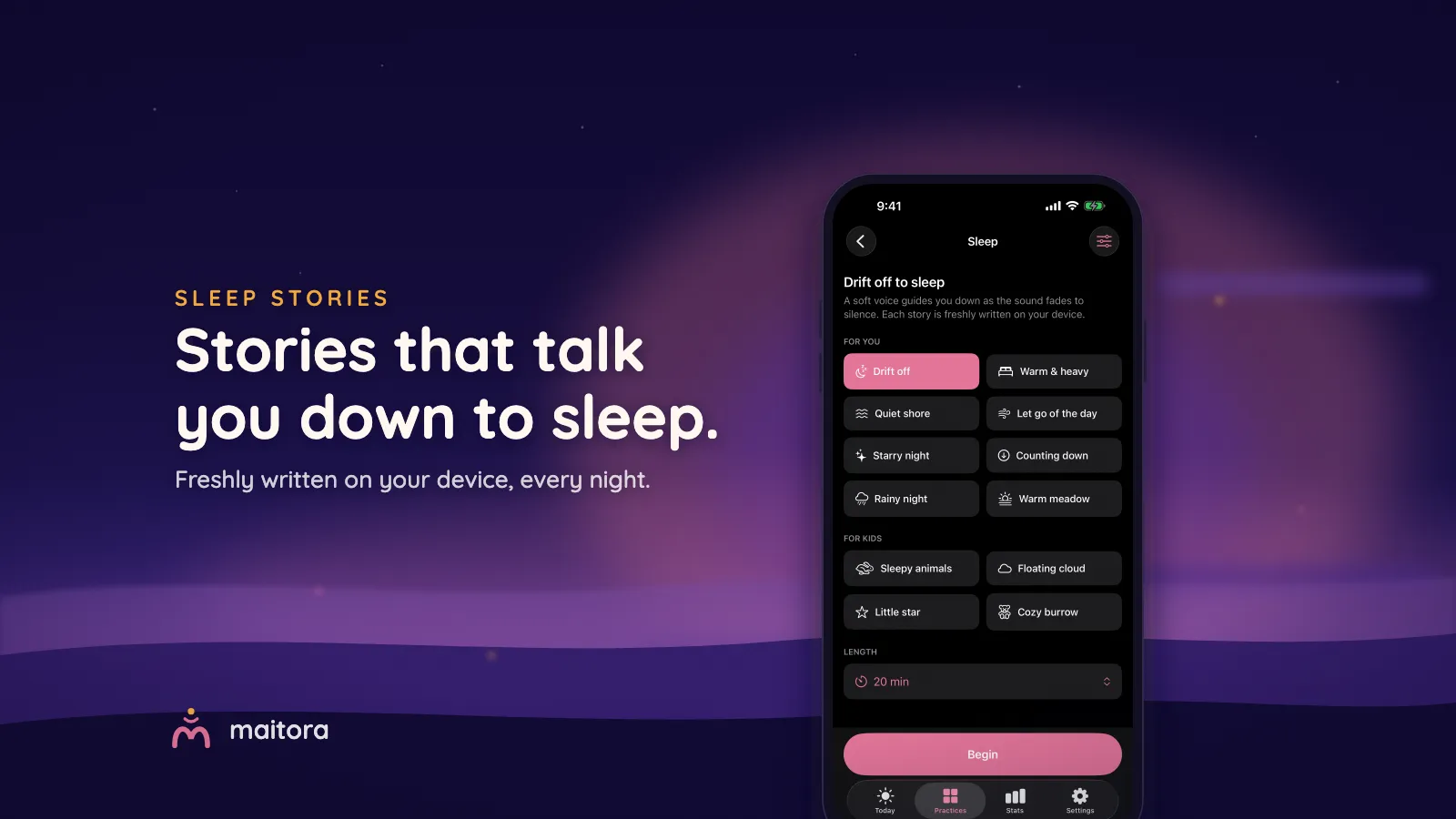 Maitora’s sleep story picker on an iPhone in deep night. Text: Stories that talk you down to sleep. Freshly written on your device, every night.