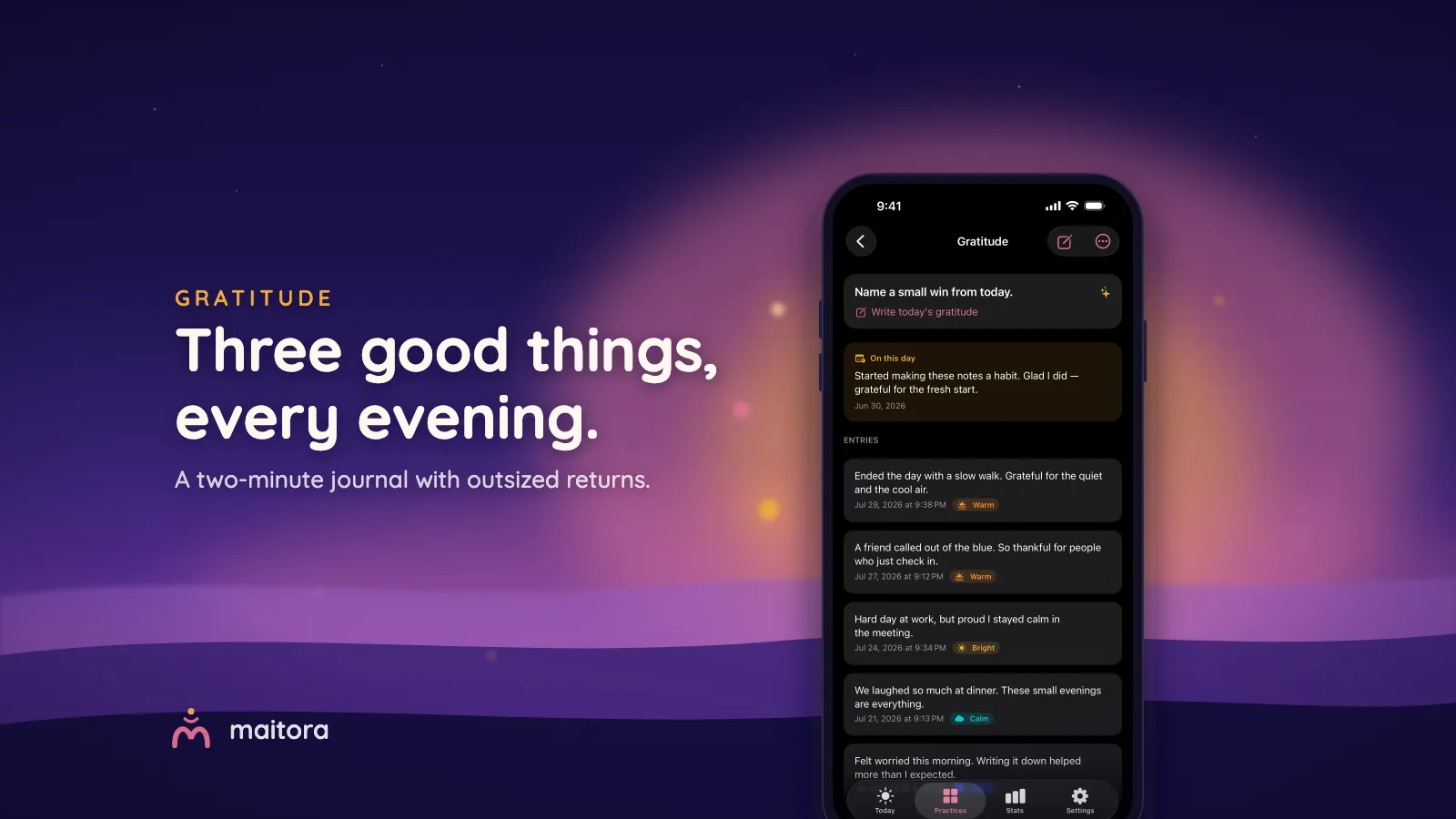 Maitora’s gratitude journal on an iPhone, three small lights rising beside it. Text: Three good things, every evening.